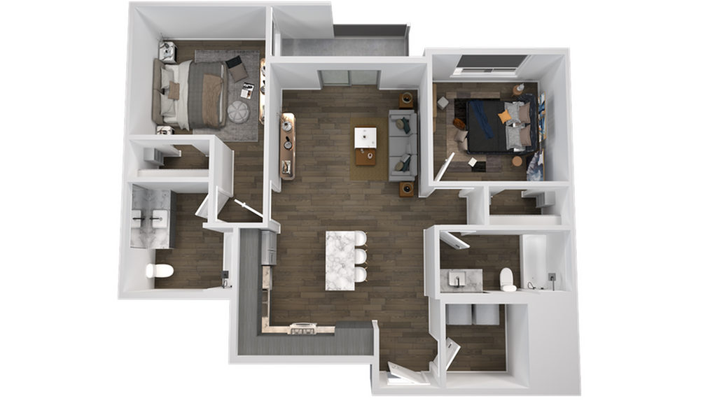 3D floor plan of a contemporary apartment with two bedrooms, an open kitchen, and a cozy living area.