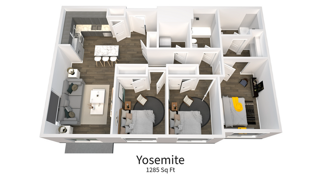 3D floor plan of the Yosemite apartment featuring 3 bedrooms, a stylish kitchen, and an inviting living space, encompassing 1285 sq ft.