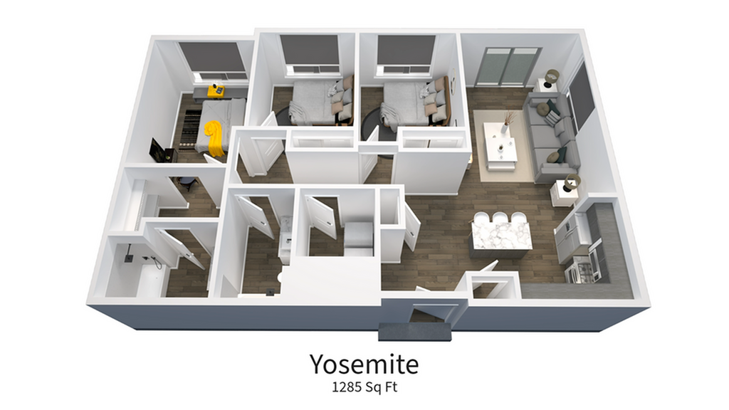 Yosemite floor plan featuring two bedrooms, a stylish open living area, and a modern kitchen, 1285 sq ft.