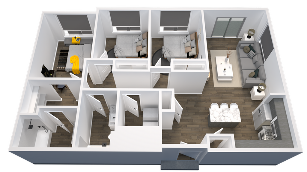 3D floor plan showcasing two cozy bedrooms, an elegant open living room, and a modern kitchen with a breakfast bar.