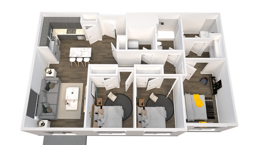 Modern 3D floor plan featuring a sleek kitchen, cozy living room, and three spacious bedrooms.