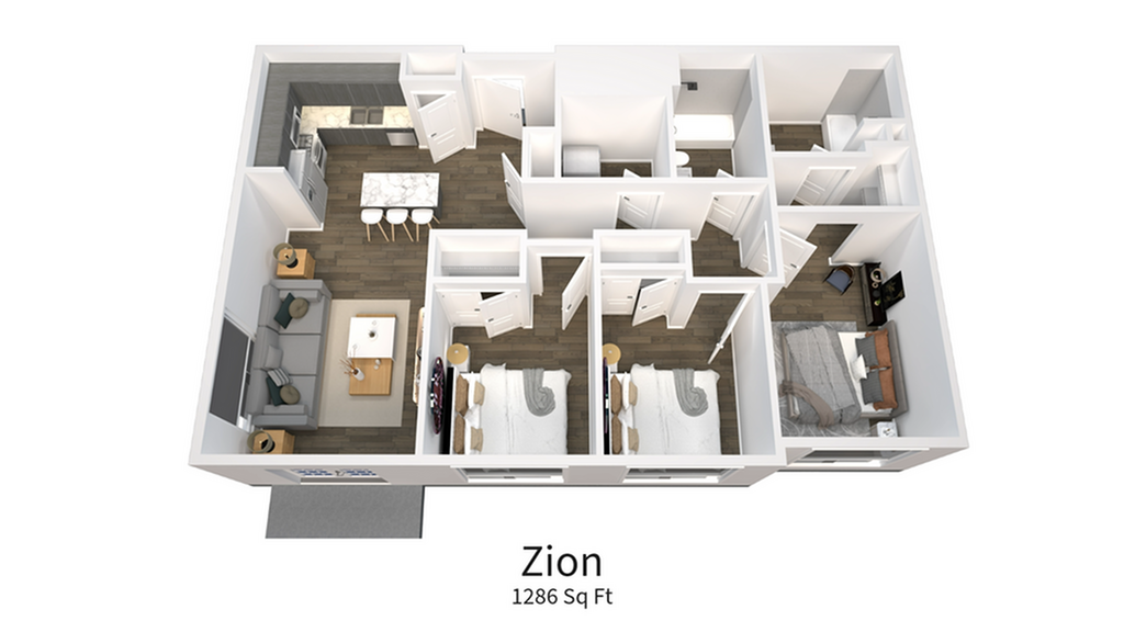3D floor plan of Zion apartment with 2 bedrooms, open living room, and modern kitchen, 1286 sq ft.