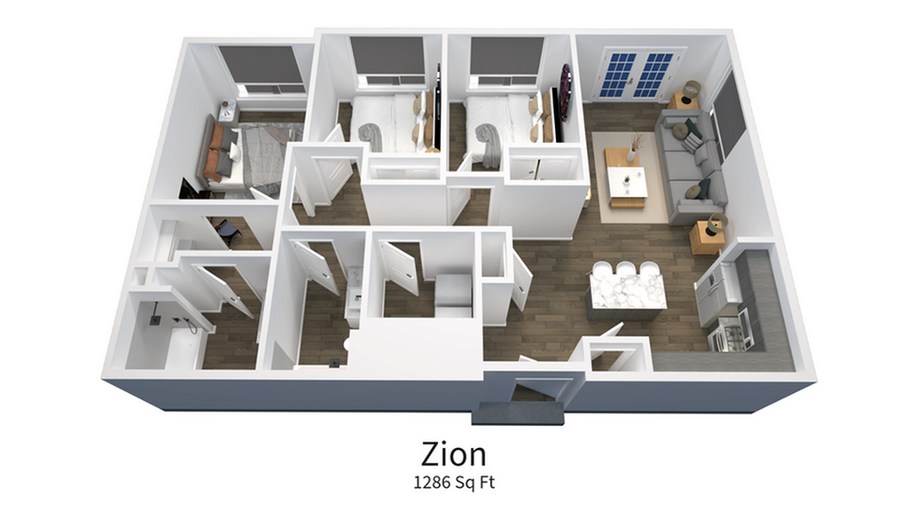 Zion floor plan with 1286 sq ft, featuring three bedrooms, a modern kitchen, and an inviting living area.