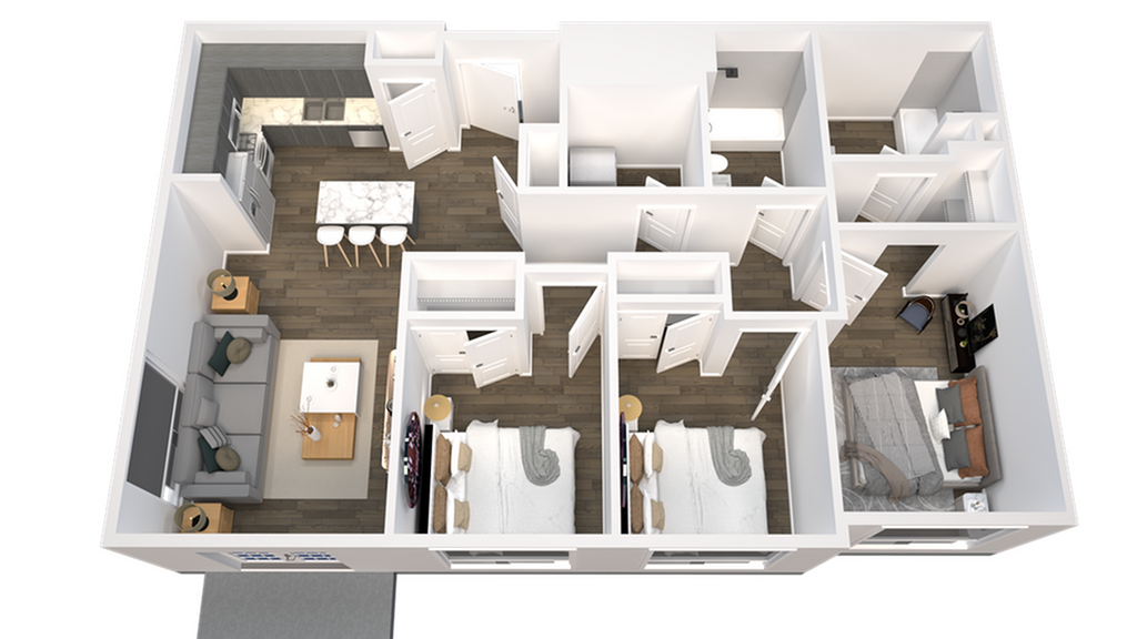 3D floor plan highlighting 2 bedrooms, a contemporary open kitchen, and inviting living space.