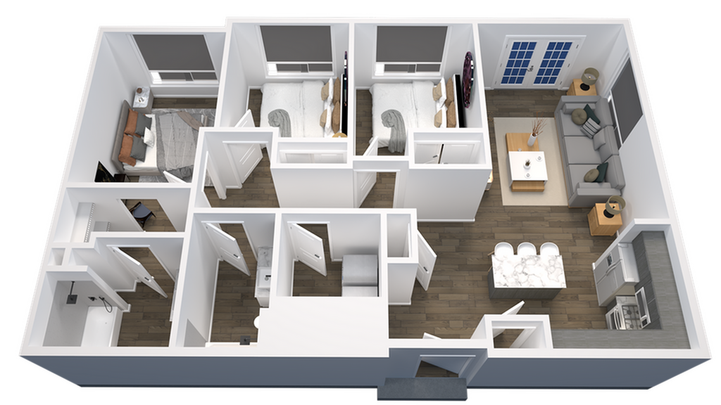 3D floor plan showcasing 2 bedrooms, a cozy living room, and a modern kitchen with an island.