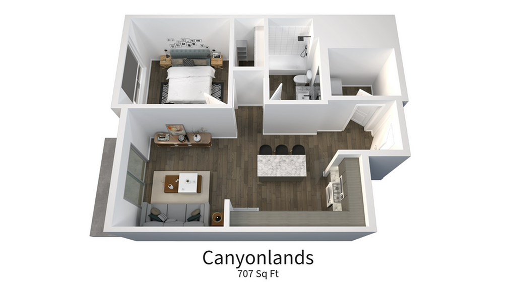 3D floor plan featuring 1 bedroom, a modern kitchen, and open living space in 707 sq ft.