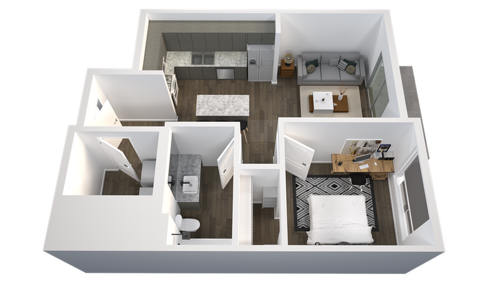 3D floor plan showcasing a modern one-bedroom apartment with an open kitchen, living area, and chic bathroom.