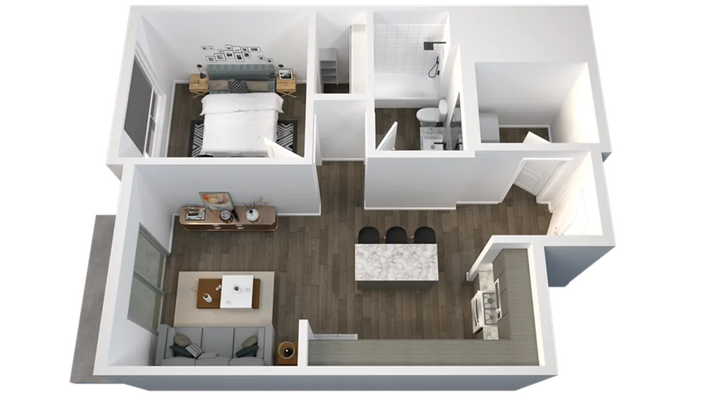 Chic 3D floor plan with one bedroom, modern kitchen, and open living space.
