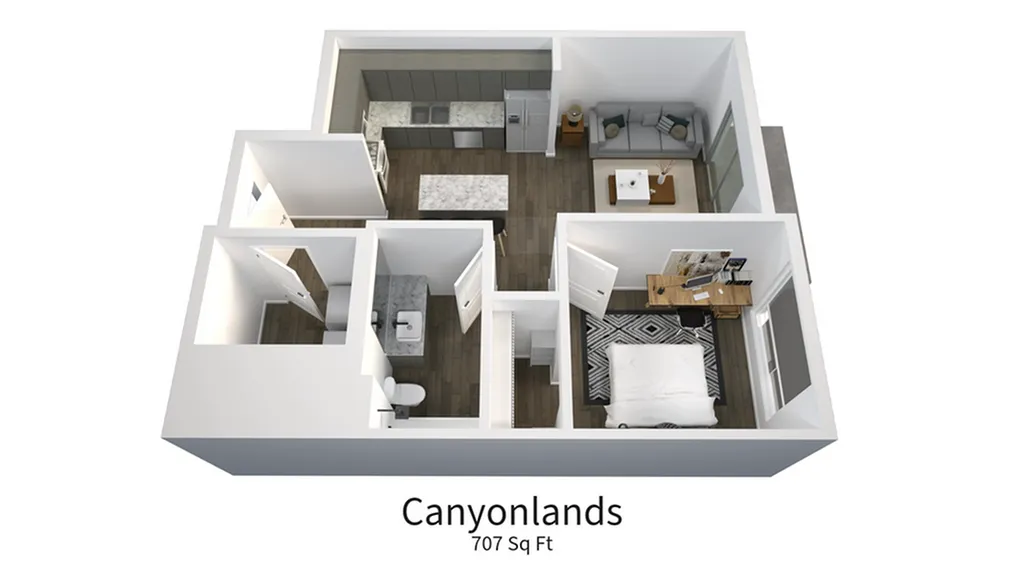 3D floor plan of a modern Canyonlands apartment with 1 bedroom, open-concept kitchen, and living area, covering 707 square feet.