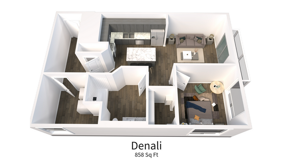3D floor plan of the Denali apartment showing an open kitchen, cozy living area, and spacious bedroom across 858 sq ft.
