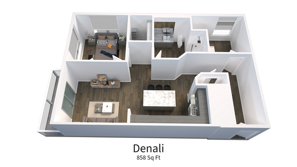 Denali floor plan featuring one bedroom, open kitchen, and cozy living space, 858 sq ft.