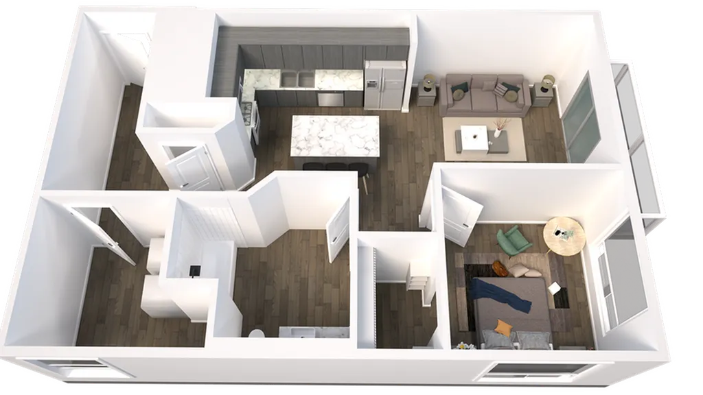 3D floor plan showcasing a stylish one-bedroom apartment with an open kitchen and cozy living area.