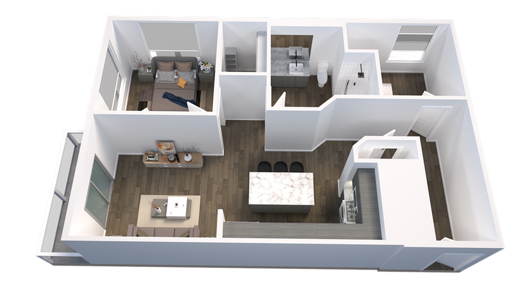 3D floor plan showcasing a one-bedroom apartment with modern kitchen and open living area.