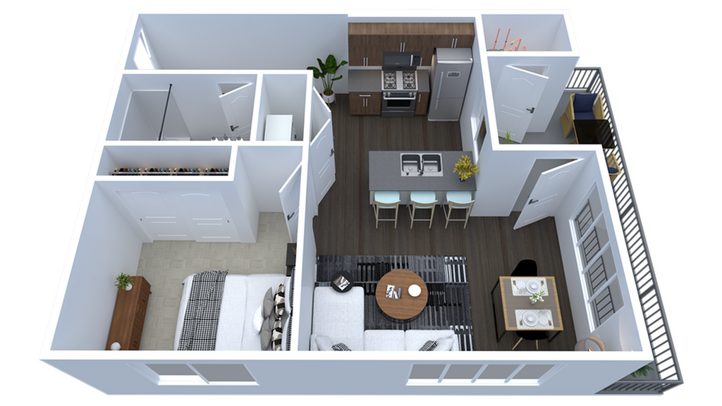 Modern 3D floor plan with a cozy bedroom, sleek kitchen with bar seating, inviting living area, and charming dining space.