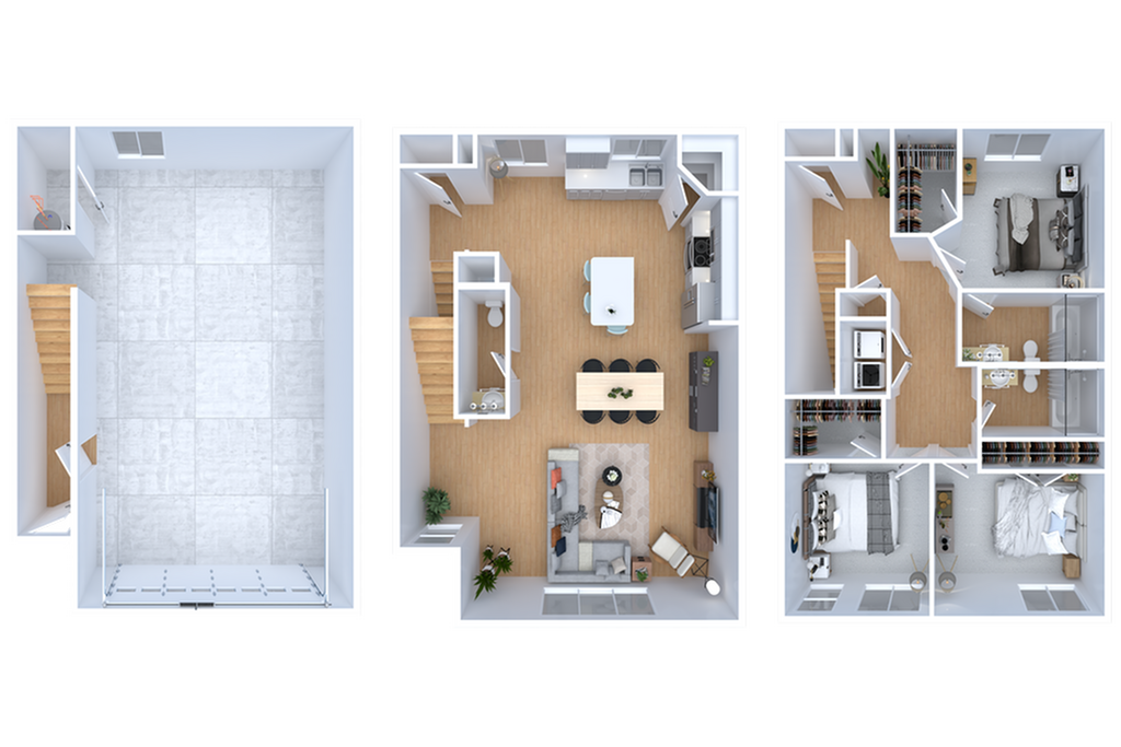 Elegant 3D floor plan of a townhouse featuring 3 bedrooms, an open-concept kitchen and dining area, cozy living room, and spacious garage.
