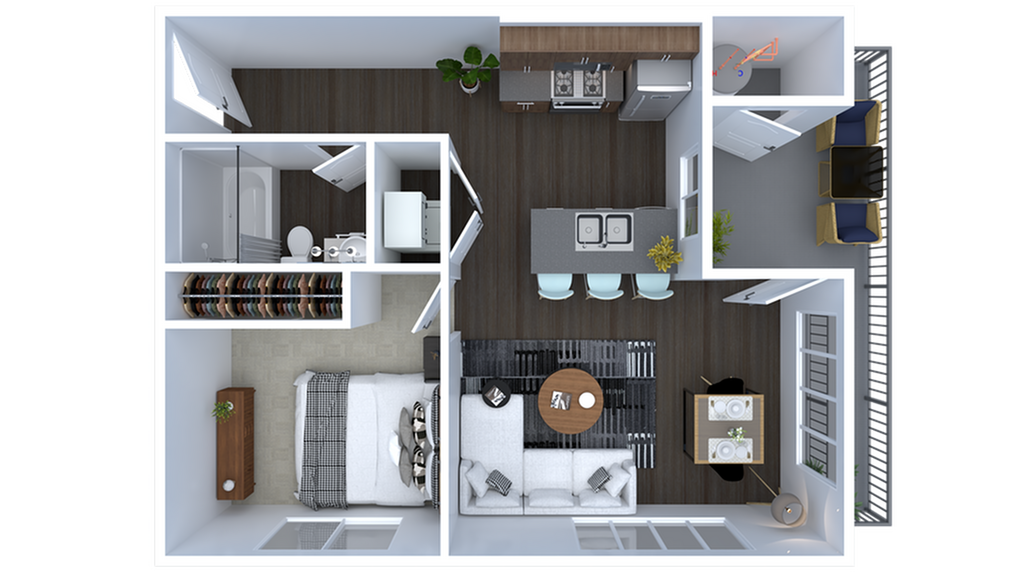 Modern 3D floor plan showcasing a stylish one-bedroom apartment with open-concept living and dining area, contemporary kitchen, and sleek bathroom.