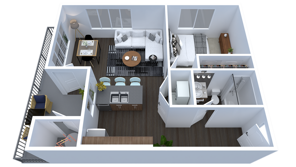 Contemporary 3D apartment layout showcasing a cozy one-bedroom, elegantly designed living area, modern kitchen, and a sleek bathroom.