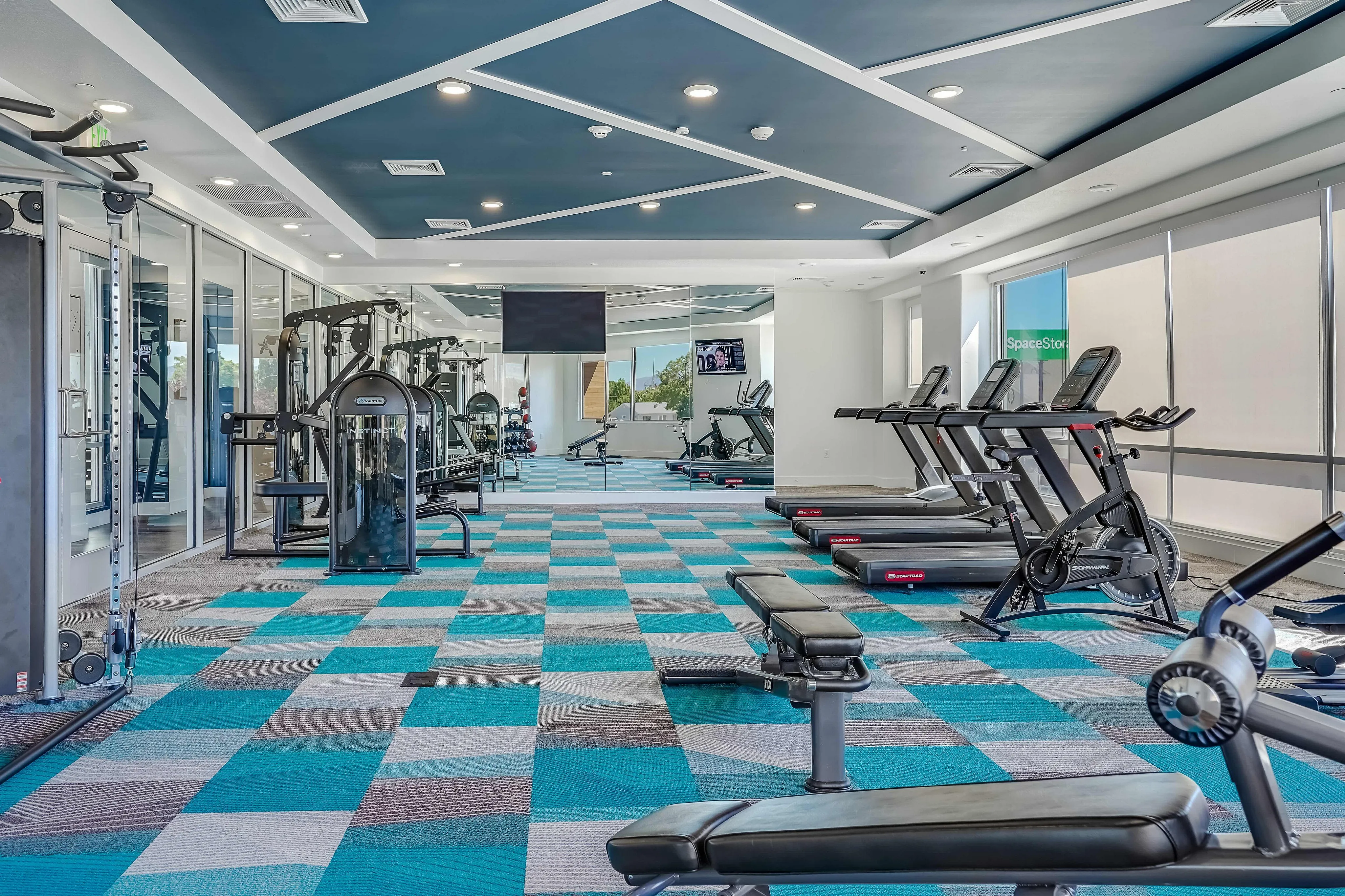 Modern fitness center with state-of-the-art gym equipment, stylish design, and vibrant blue checkered flooring.