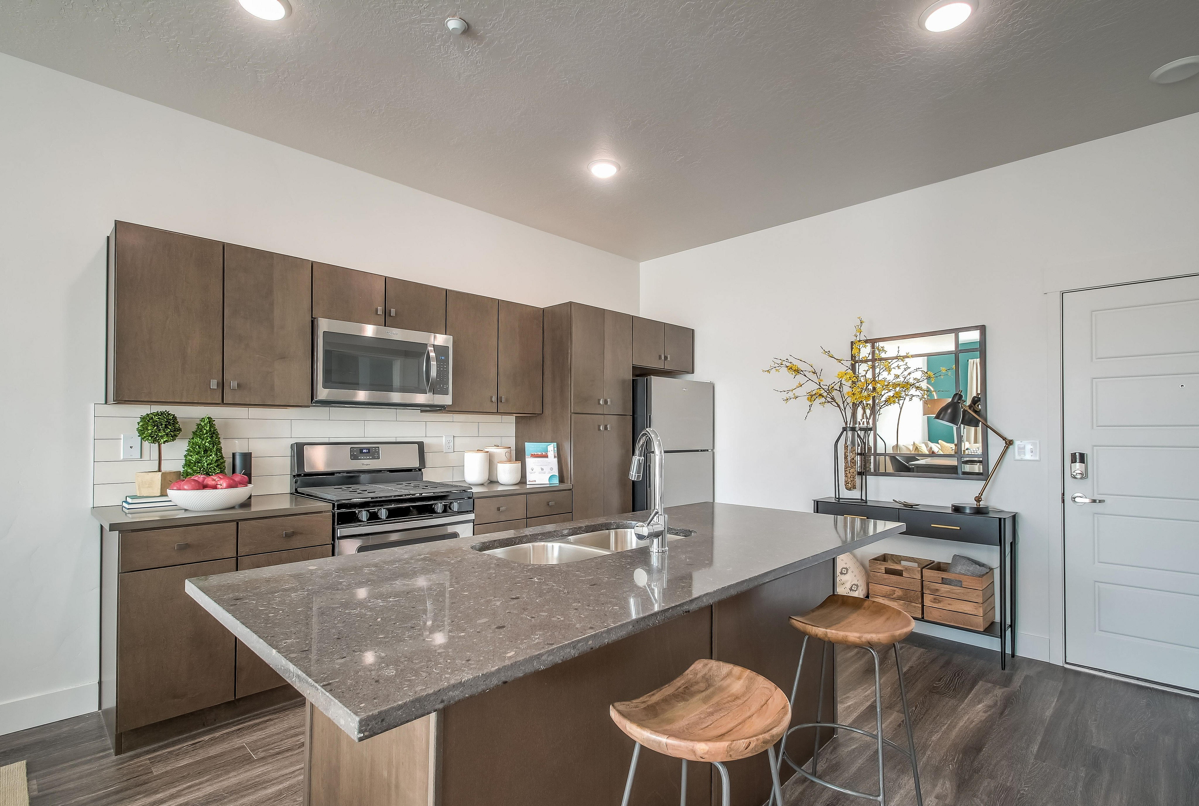 Modern kitchen with elegant dark wood cabinets, sleek granite countertops, and stainless steel appliances, perfect for stylish living.