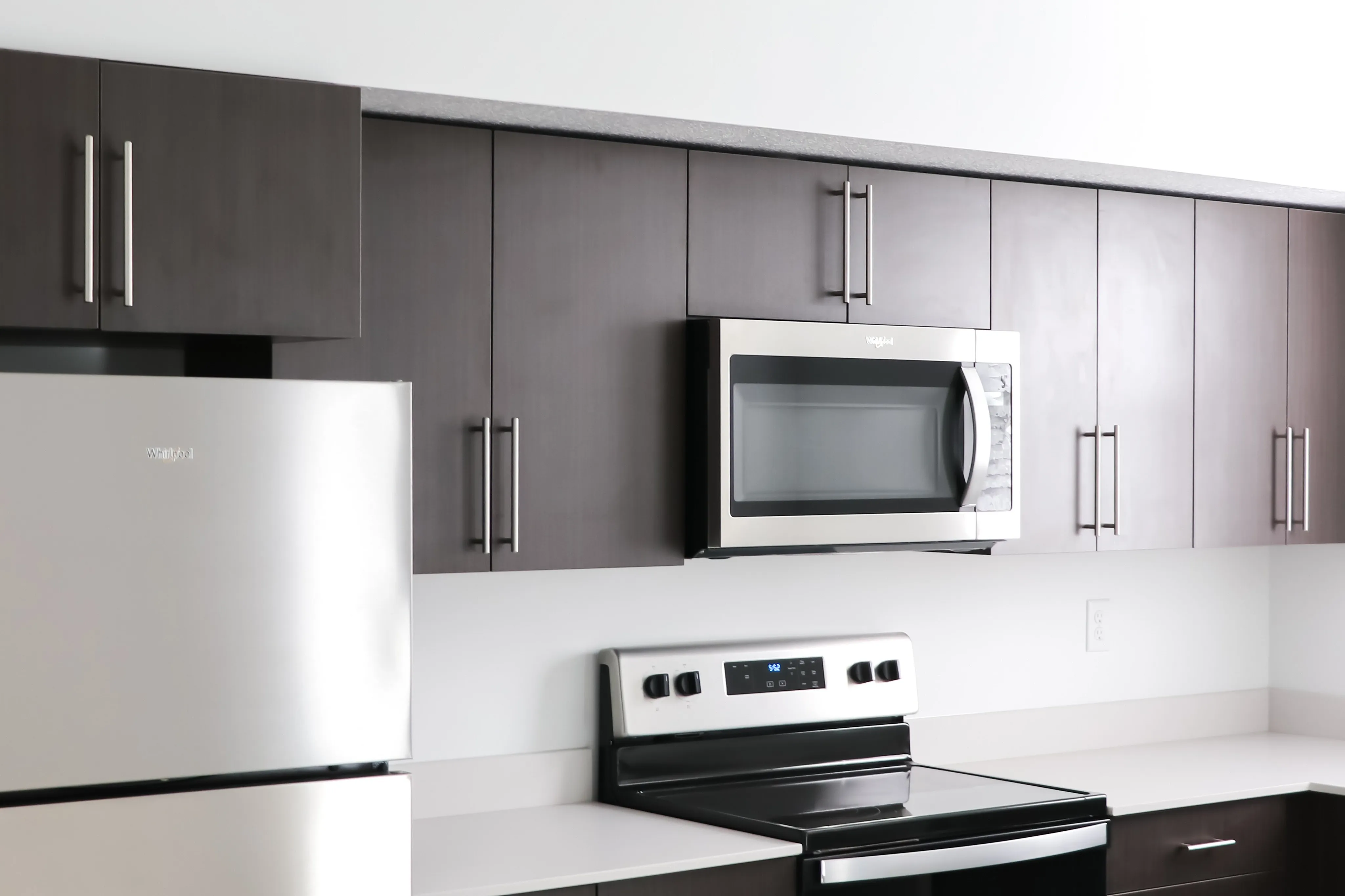 Modern kitchen with sleek dark cabinets, stainless steel appliances, and pristine countertops for stylish cooking.