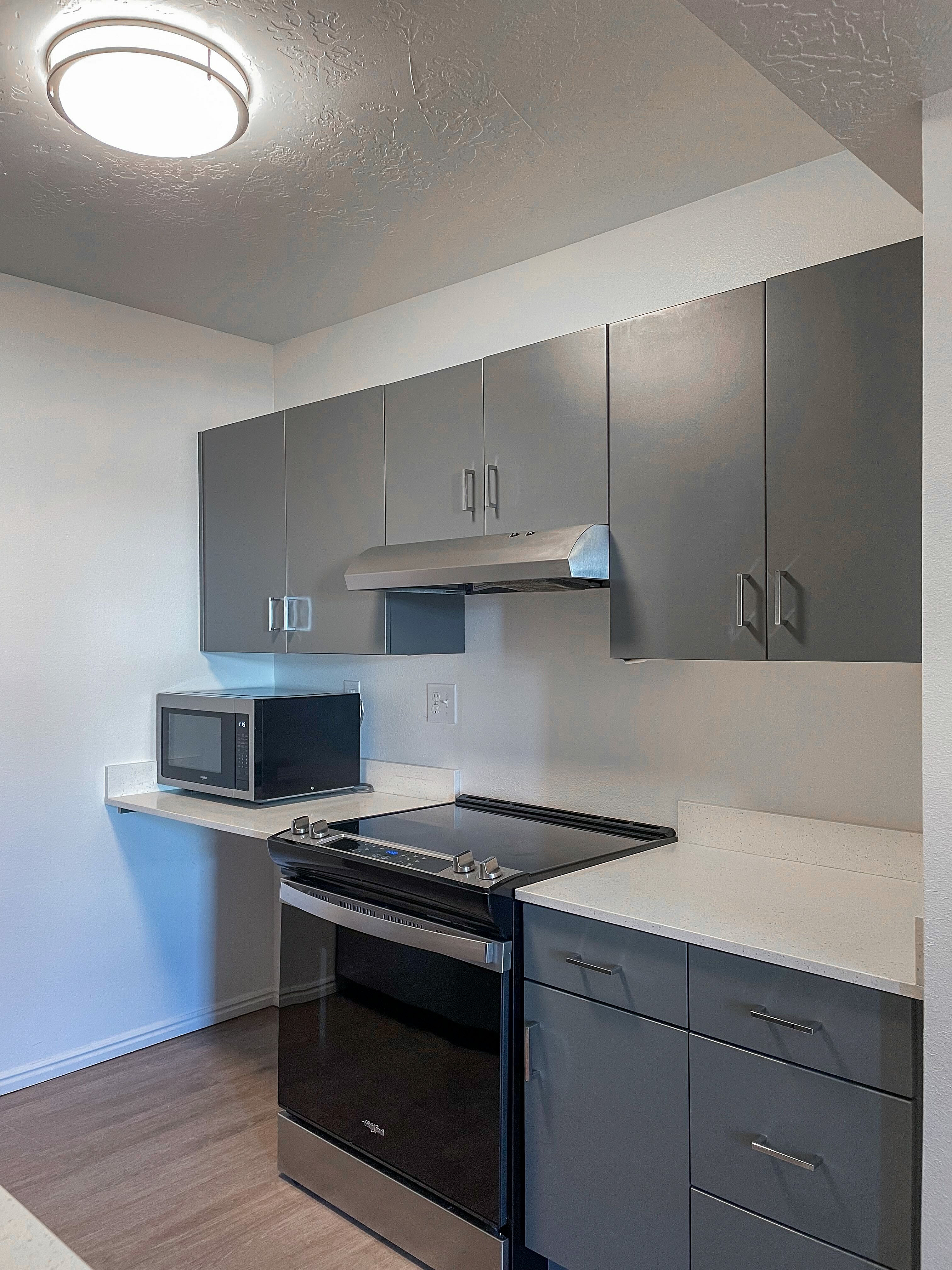 Contemporary kitchen with sleek gray cabinets, modern black appliances, and bright overhead lighting.