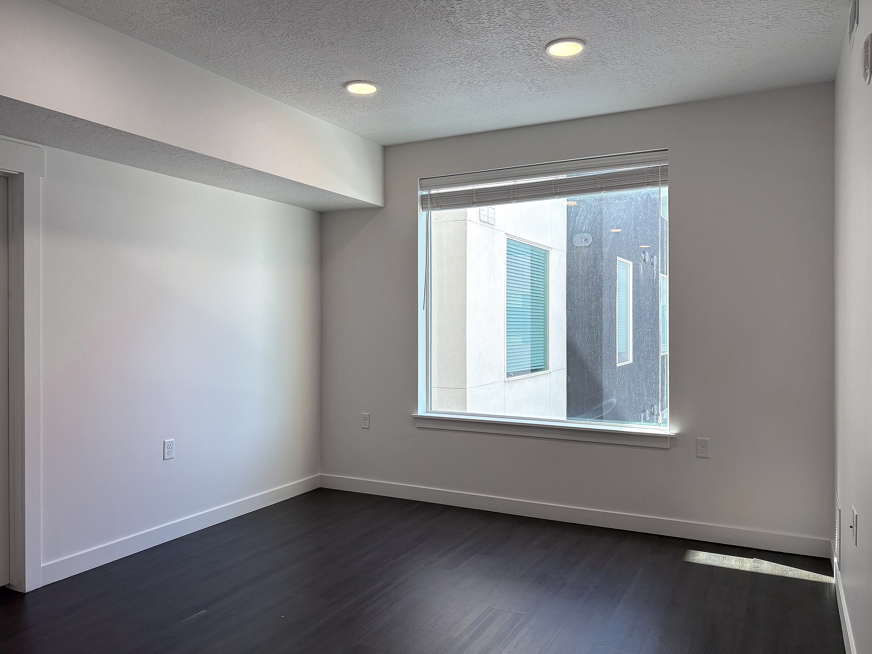 Bright apartment space with sleek dark hardwood flooring and a large window offering natural light.