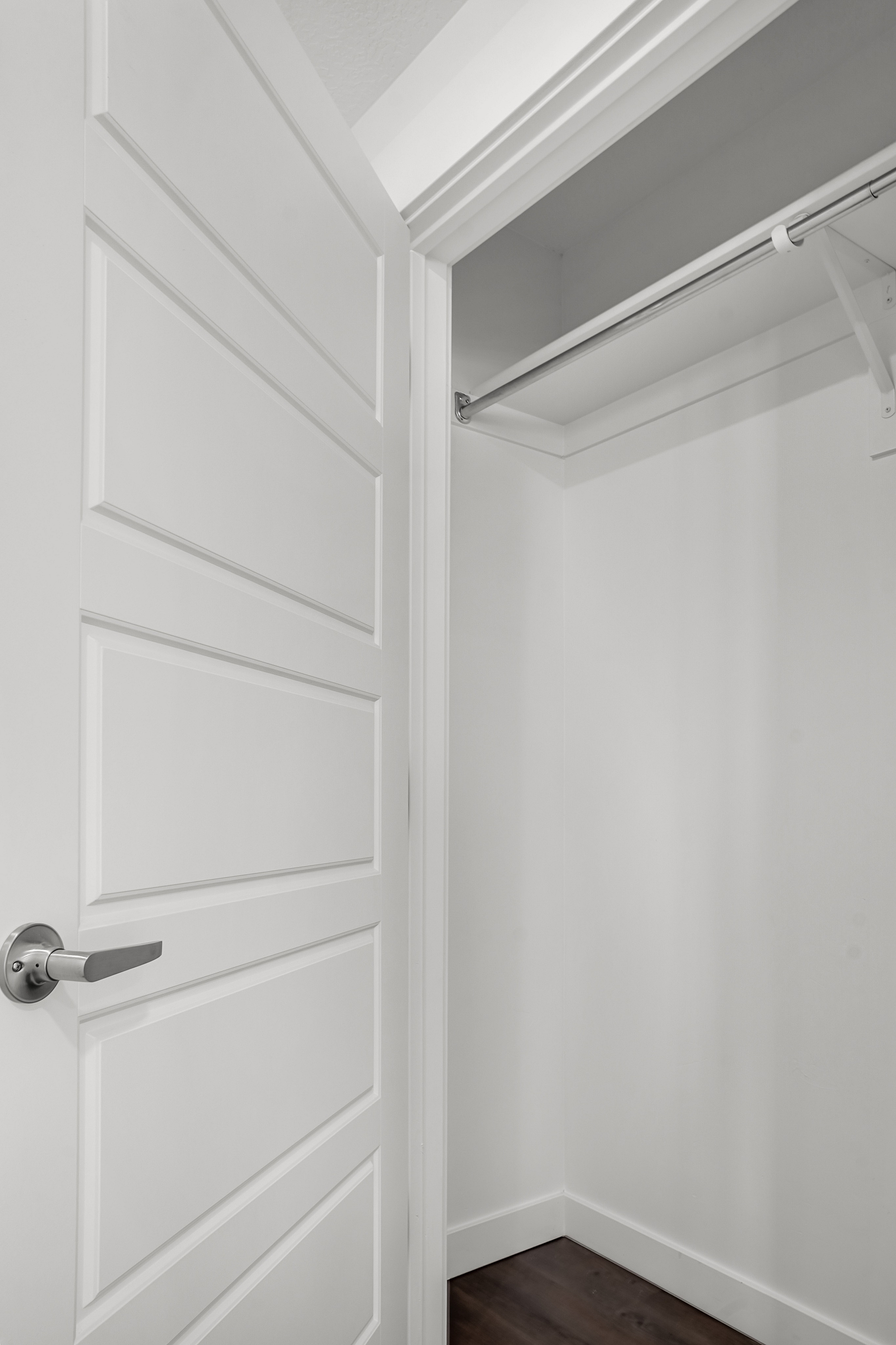 Sleek and modern walk-in closet with ample space and a stylish white door, perfect for organizing your wardrobe.
