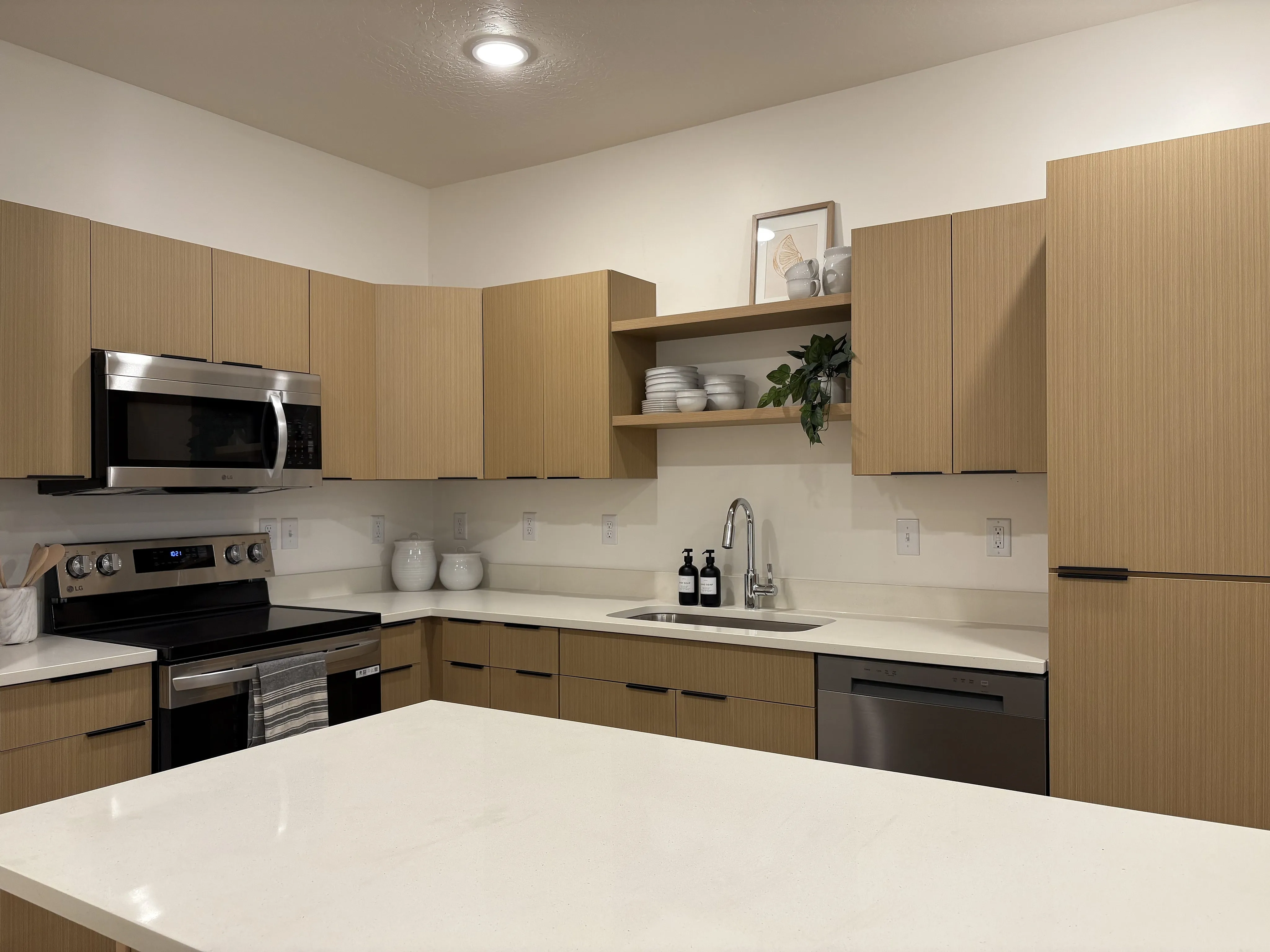 Modern kitchen with stylish wooden cabinets, stainless steel appliances, and sleek countertops, perfect for contemporary living.