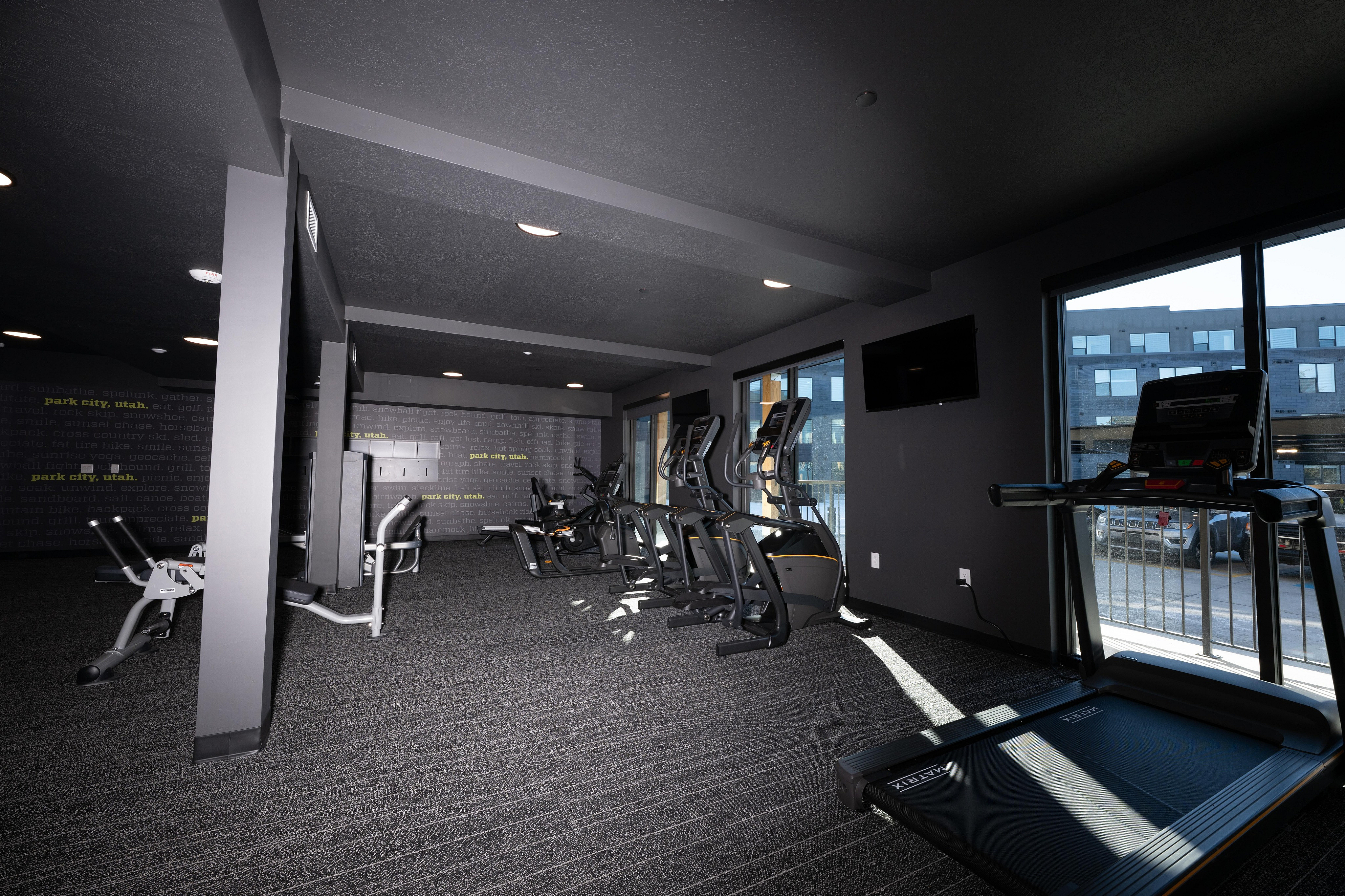 Modern apartment gym with state-of-the-art cardio equipment, sleek design, and large windows offering natural light.