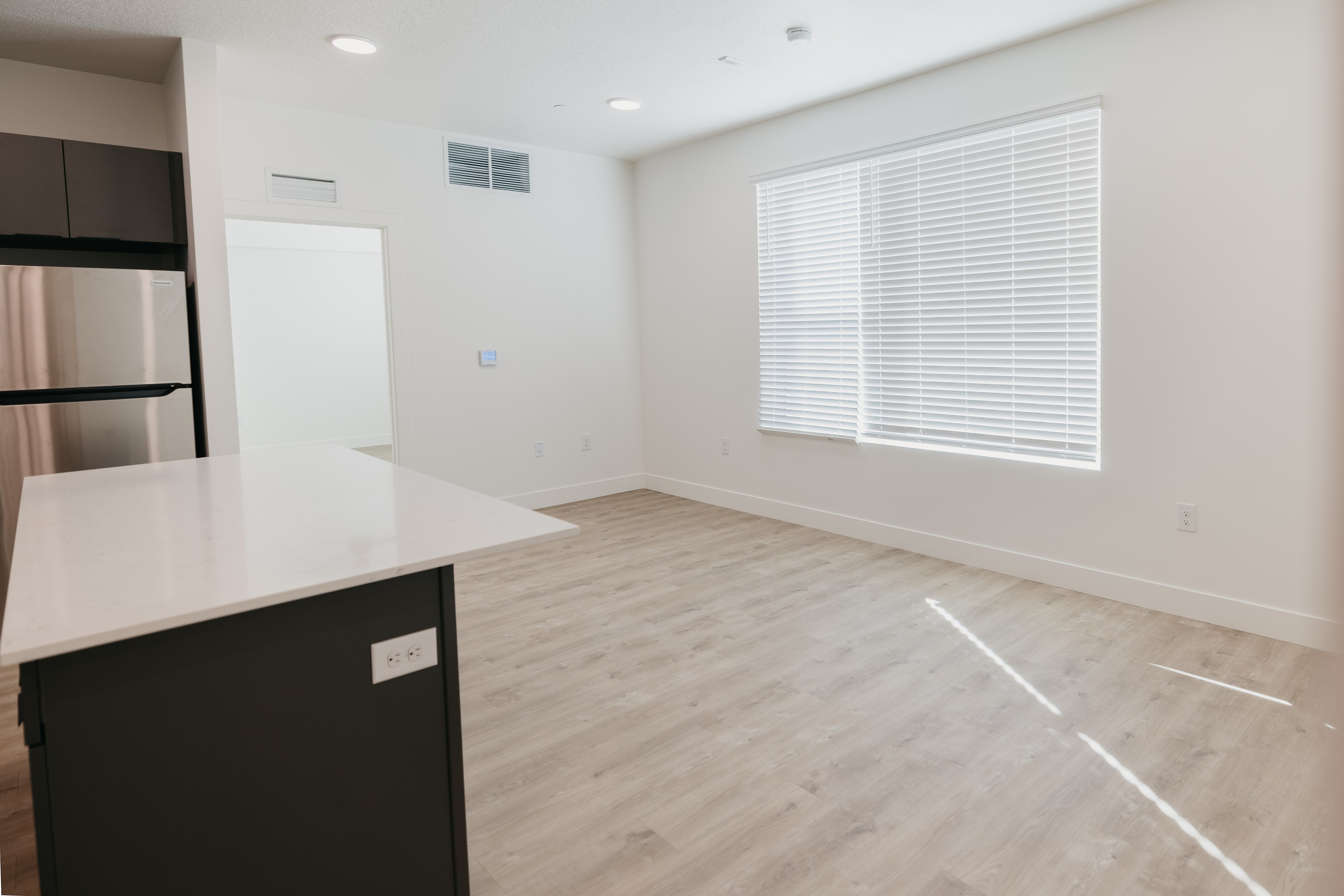 Bright and spacious open-concept apartment featuring a sleek kitchen with stainless steel appliances and large window making the living area inviting and modern.