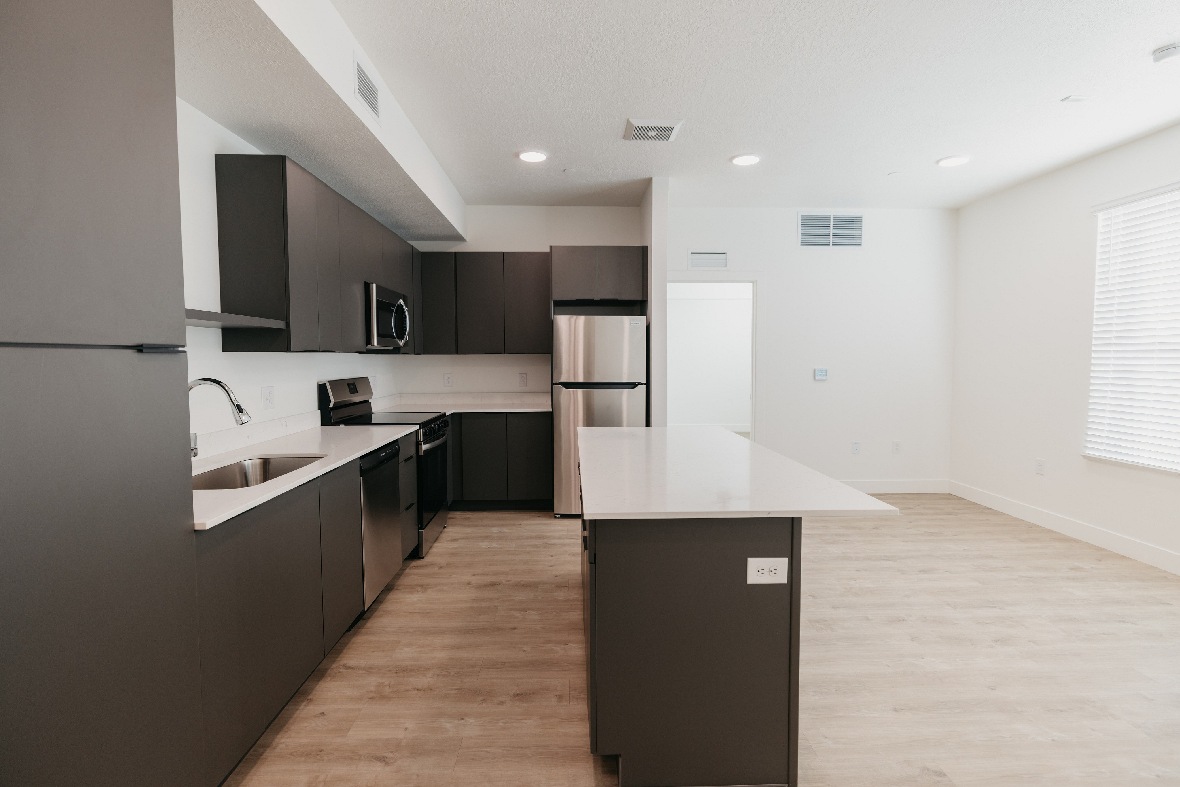 Sleek modern kitchen with stainless steel appliances, elegant dark cabinetry, and a spacious island, ideal for entertaining.
