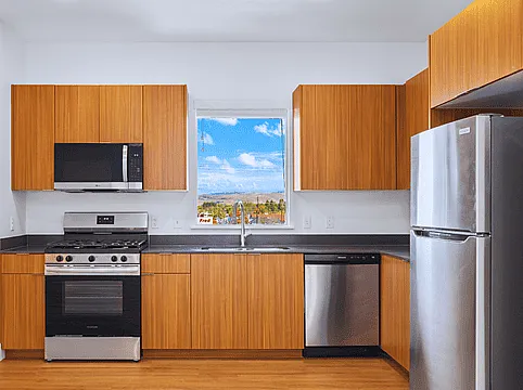 Modern kitchen with sleek wooden cabinets, stainless steel appliances, and a window showcasing a scenic view.