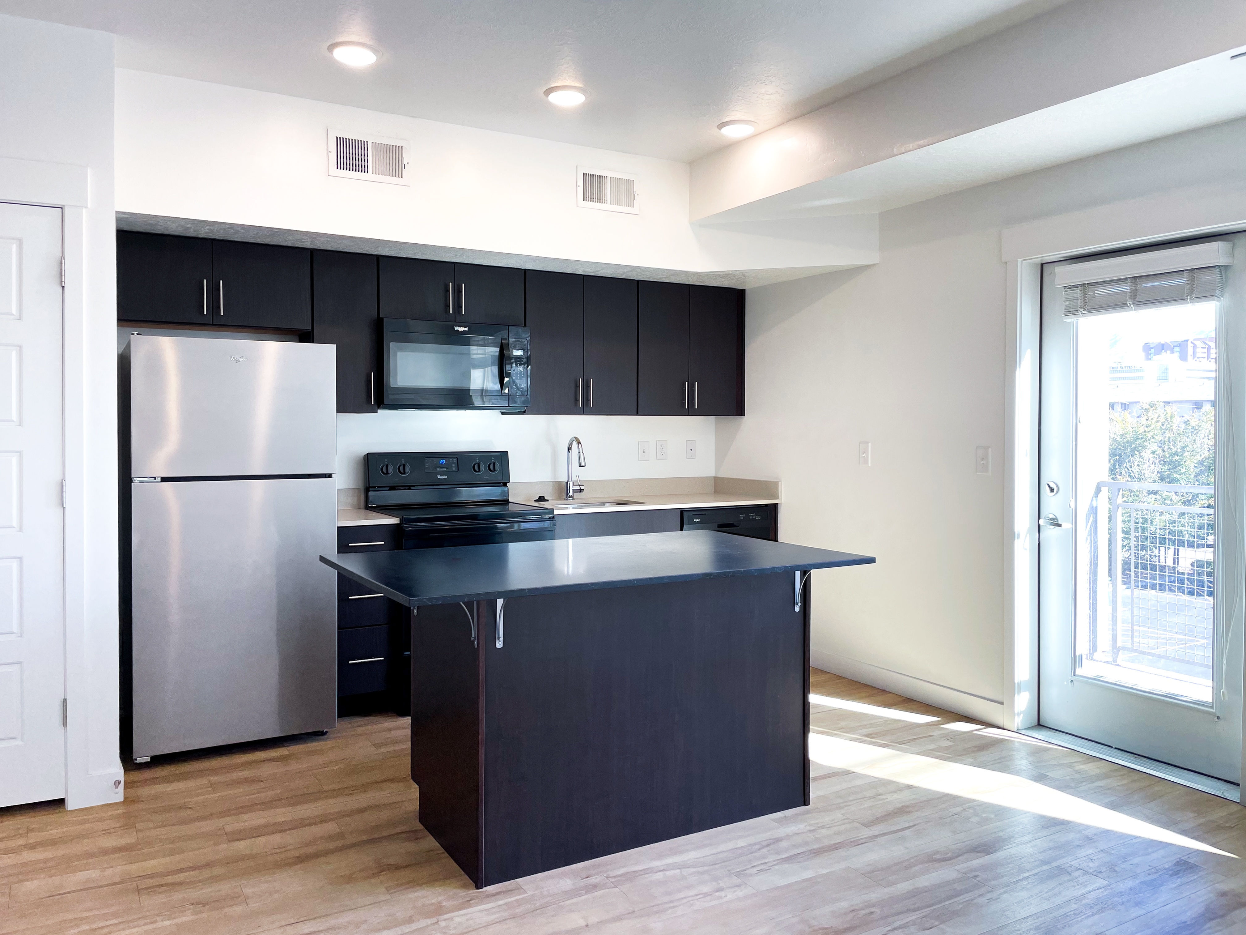 Modern kitchen with sleek dark cabinets, stainless steel appliances, and an inviting open layout with natural light.