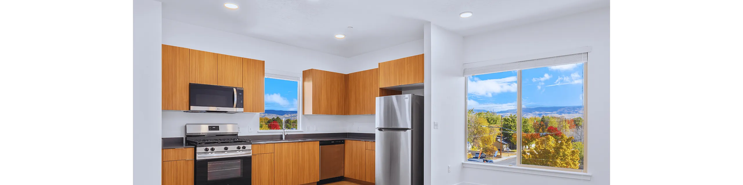 Bright modern kitchen with wooden cabinets, stainless steel appliances, and large windows showcasing scenic views.