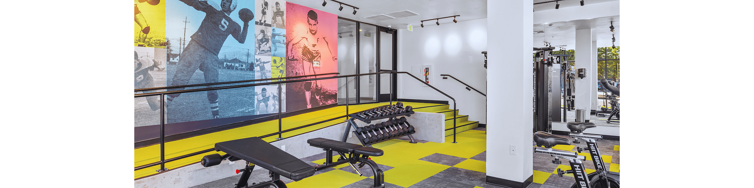 Bright and spacious gym with colorful wall art, exercise equipment, and natural lighting.