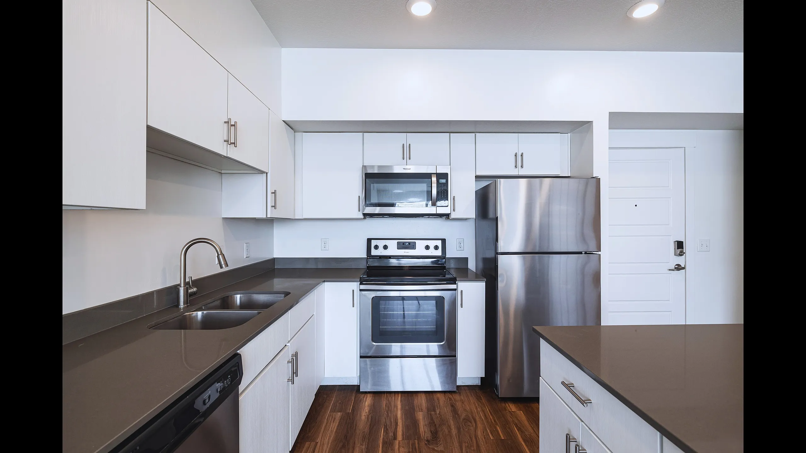 Modern kitchen with sleek stainless steel appliances, quartz countertops, and ample cabinetry.