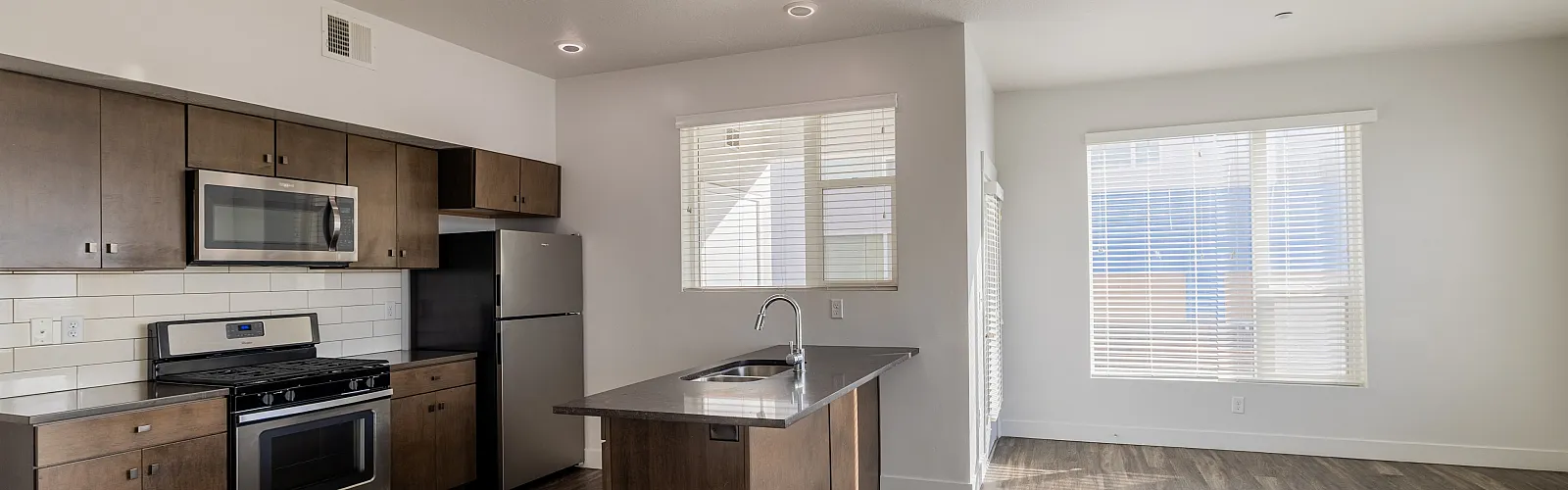 Modern kitchen with sleek stainless steel appliances, elegant brown cabinetry, and bright natural light.