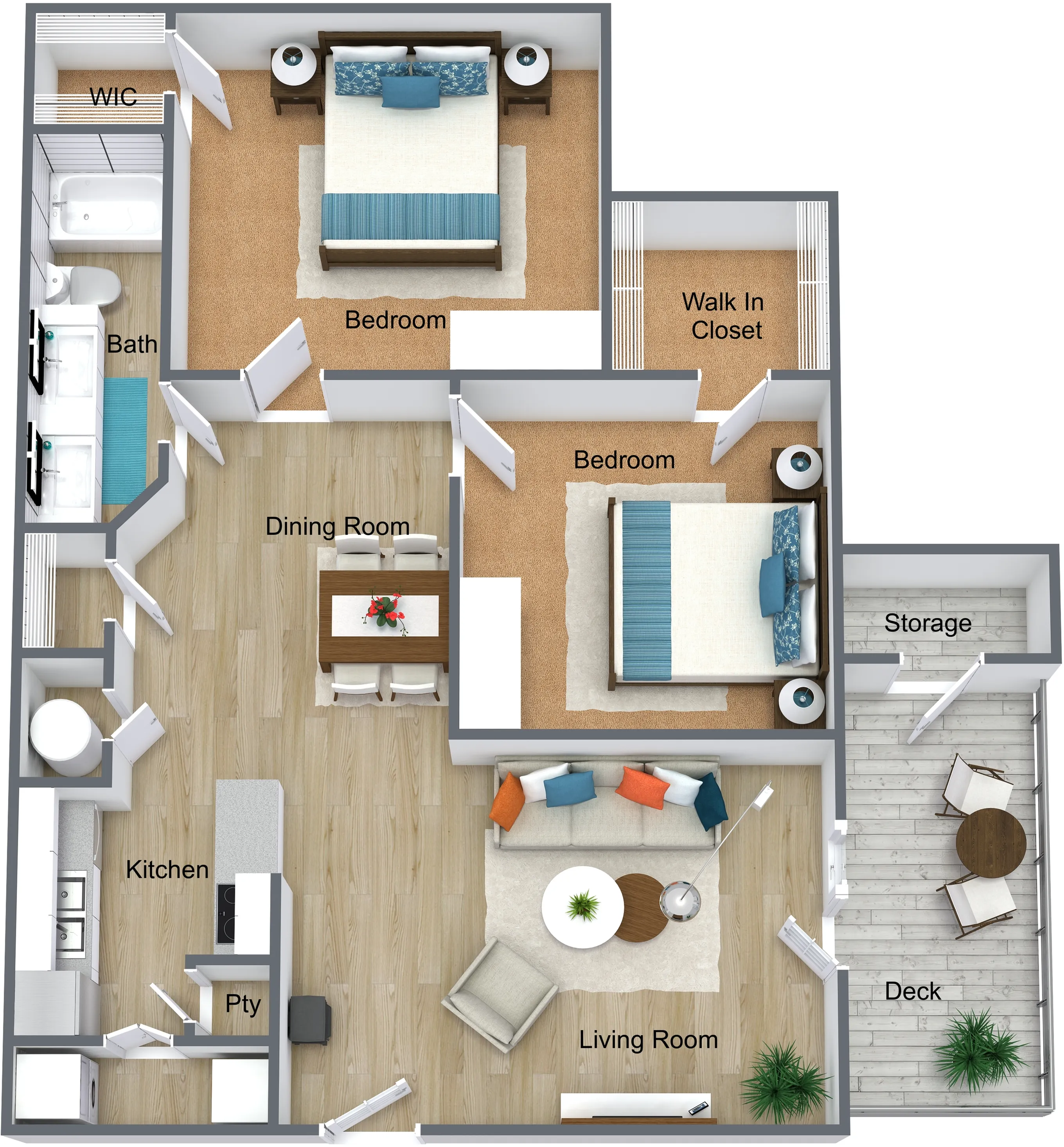 Modern 3D floor plan showcasing 2 bedrooms, a cozy living room, dining area, sleek kitchen, and a relaxing deck with storage.