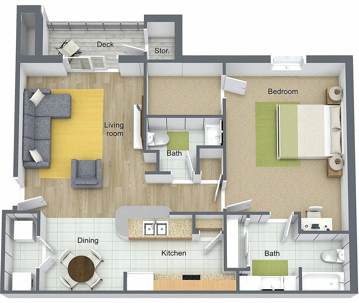 3D floor plan showcasing 1 bedroom, a spacious living room, kitchen, dining area, and two baths with a deck.
