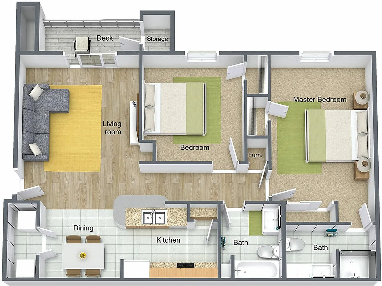 3D floor plan showcasing a modern layout with 2 bedrooms, open kitchen, and living area with deck access.