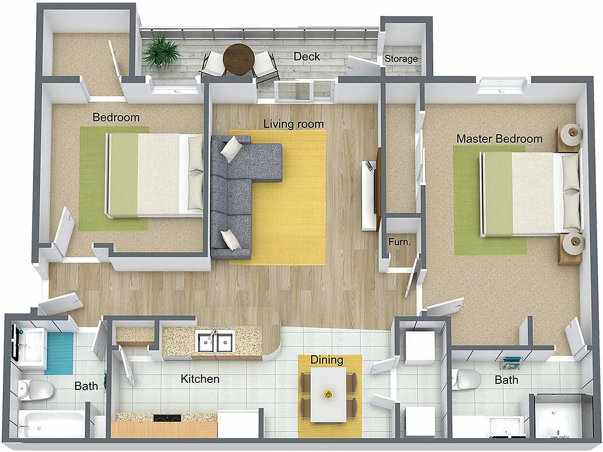 Bright 3D floor plan featuring 2 bedrooms, an airy living room, kitchen, and dining area with a private deck.