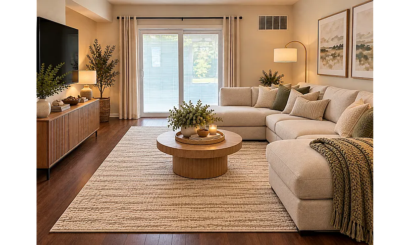 Elegant living room with a plush beige sectional, cozy decor, and abundant natural light from sliding glass doors.