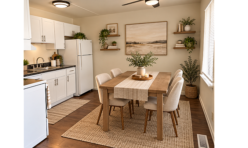 Charming kitchen and dining area featuring modern white cabinetry, a cozy wooden dining table set, and elegant decor accents.