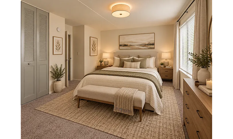 Inviting bedroom with plush king-sized bed, elegant decor, warm lighting, and large windows allowing natural light.