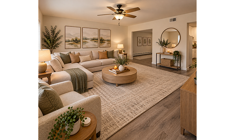 Elegant living room with a cozy L-shaped sofa, soft lighting, and stylish decor creating a warm and inviting atmosphere.