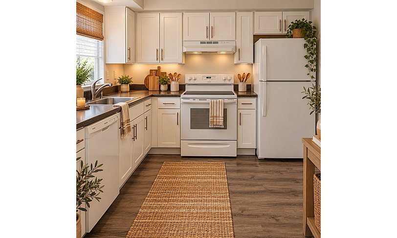 Charming and spacious U-shaped kitchen featuring sleek white cabinetry, modern appliances, and elegant decor.