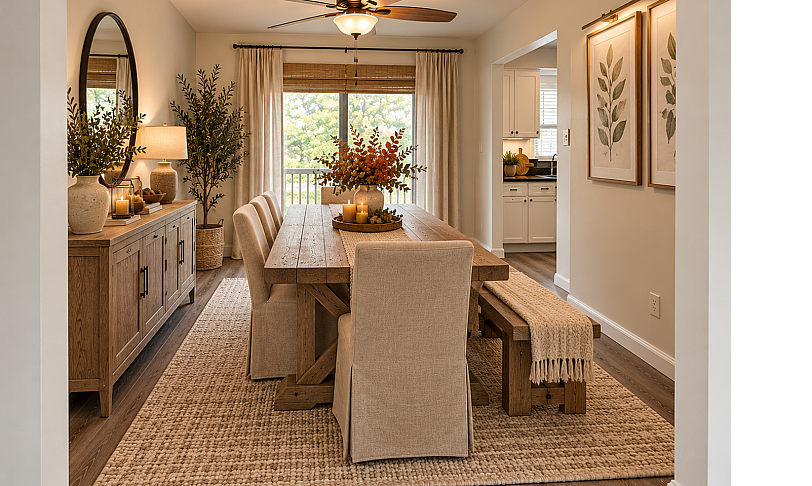 Charming dining area with a rustic wooden table, elegant lighting, and warm decor, perfect for cozy gatherings.
