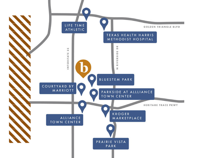 Map highlighting amenities near residential area, including parks, shopping centers, and a hospital.