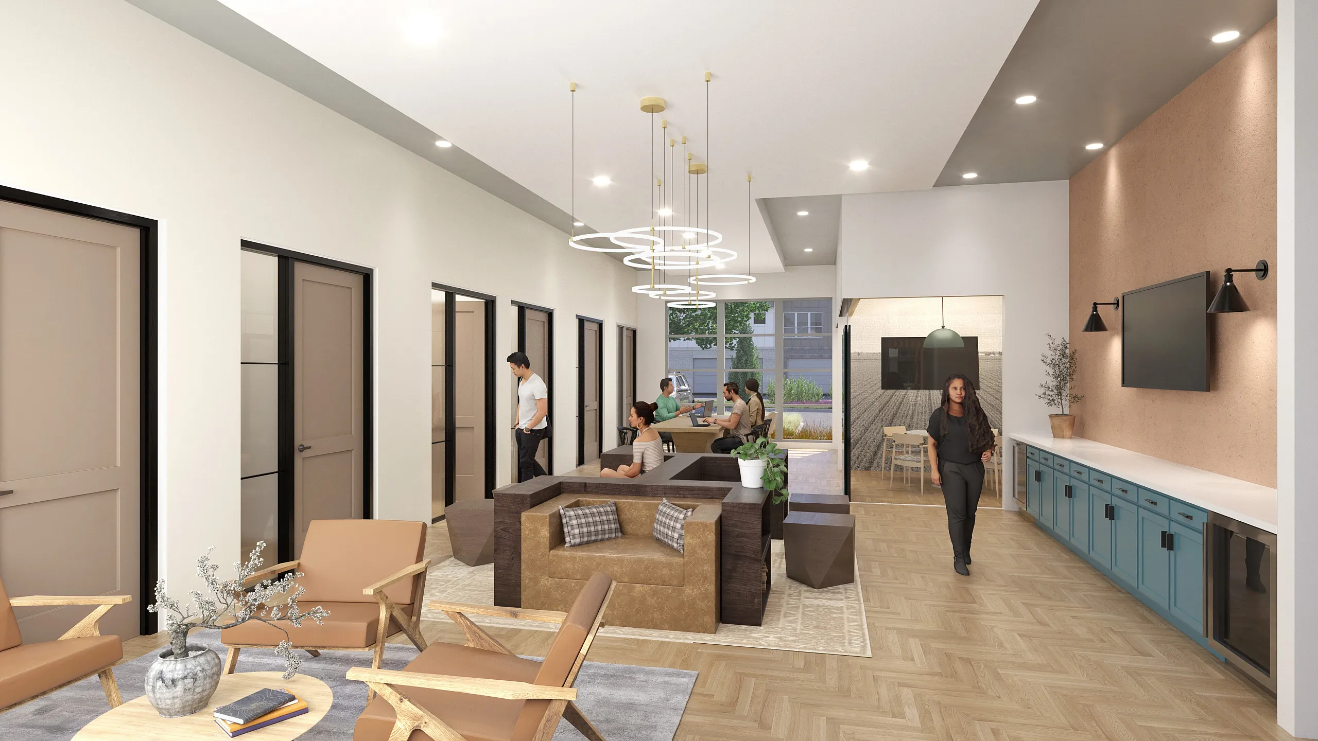 Modern communal space with chic seating, pendant lighting, and stylish decor, perfect for relaxation and socializing.