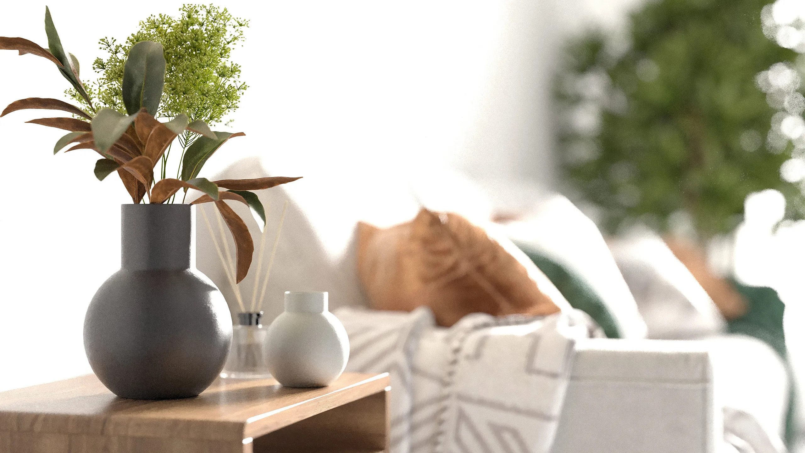 Chic living room with elegant vases and lush greenery, creating a tranquil and inviting atmosphere.